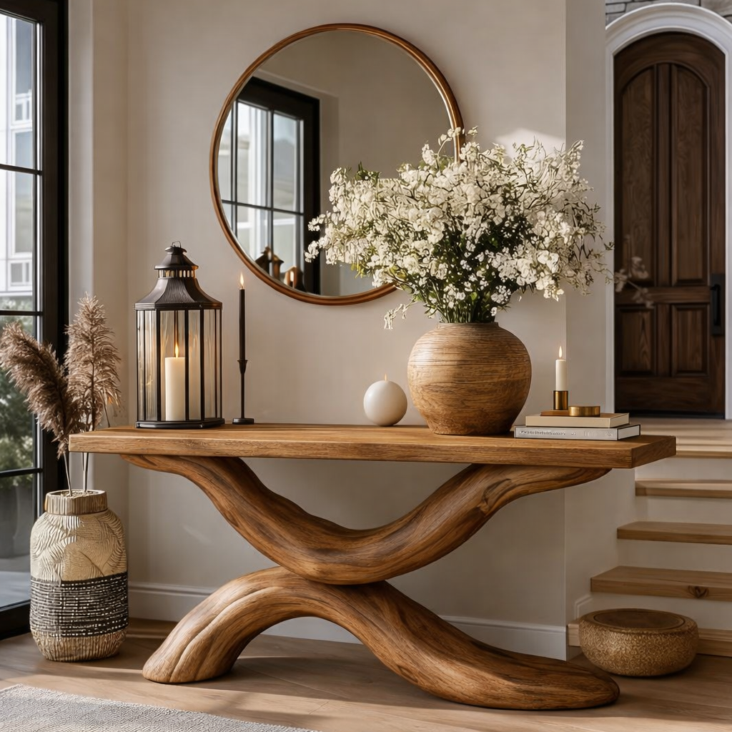 Handcrafted Solid Wood Console Table – Sculptural X-Base Design