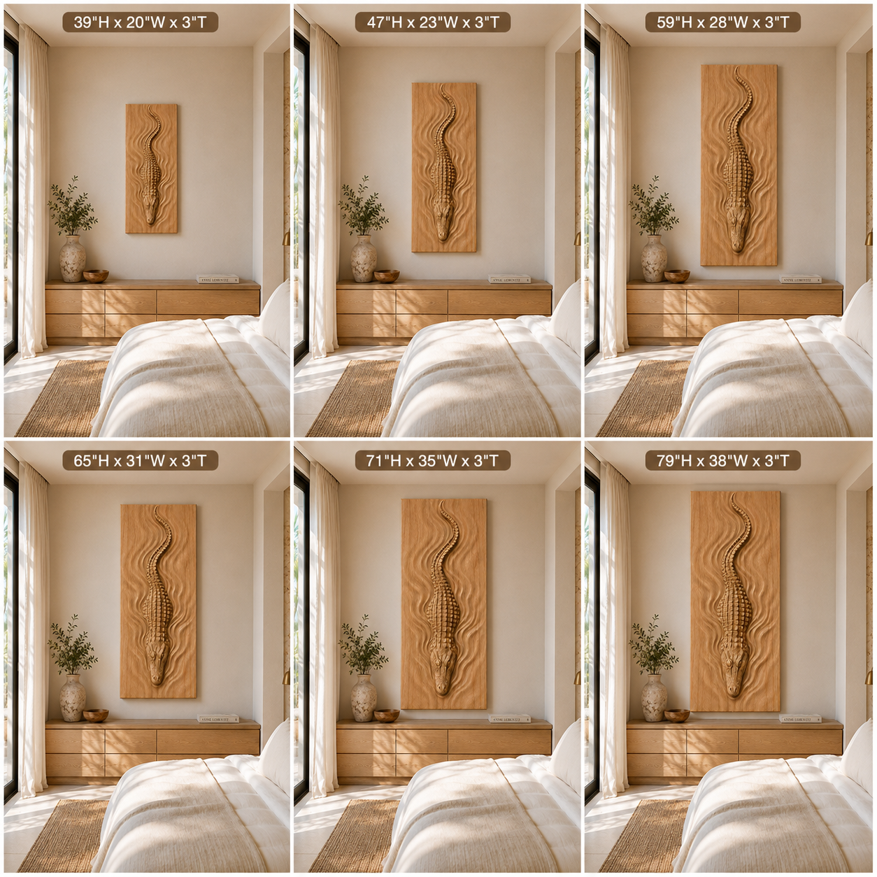 Crocodile Wood Wall Art – Solid Wood 3D Relief Carving for Bedroom Decor