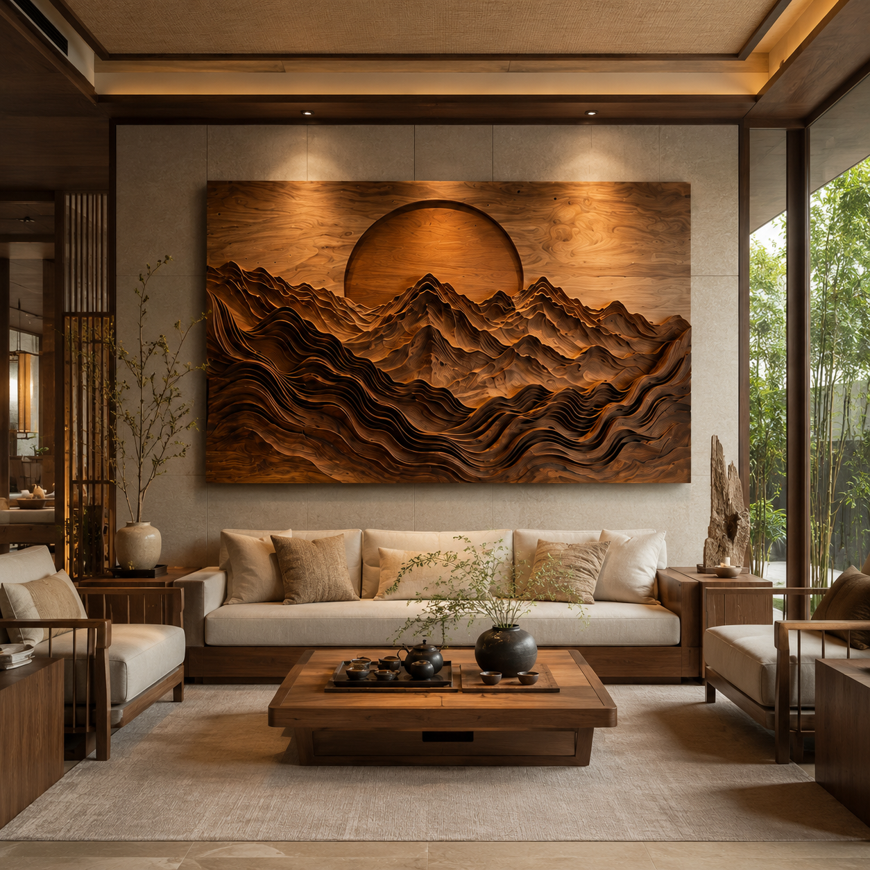 Mountain Wood Wall Art – Solid Wood Carved Landscape Wall Decor for Living Room Decor