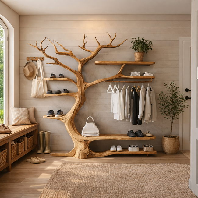 Tree Wall Shelf with Coat Rack – Wooden Entryway Organizer Hover Image