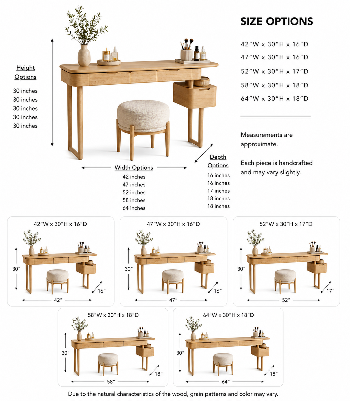 Makeup Vanity Table – Solid Wood Vanity with Round Mirror and Stool