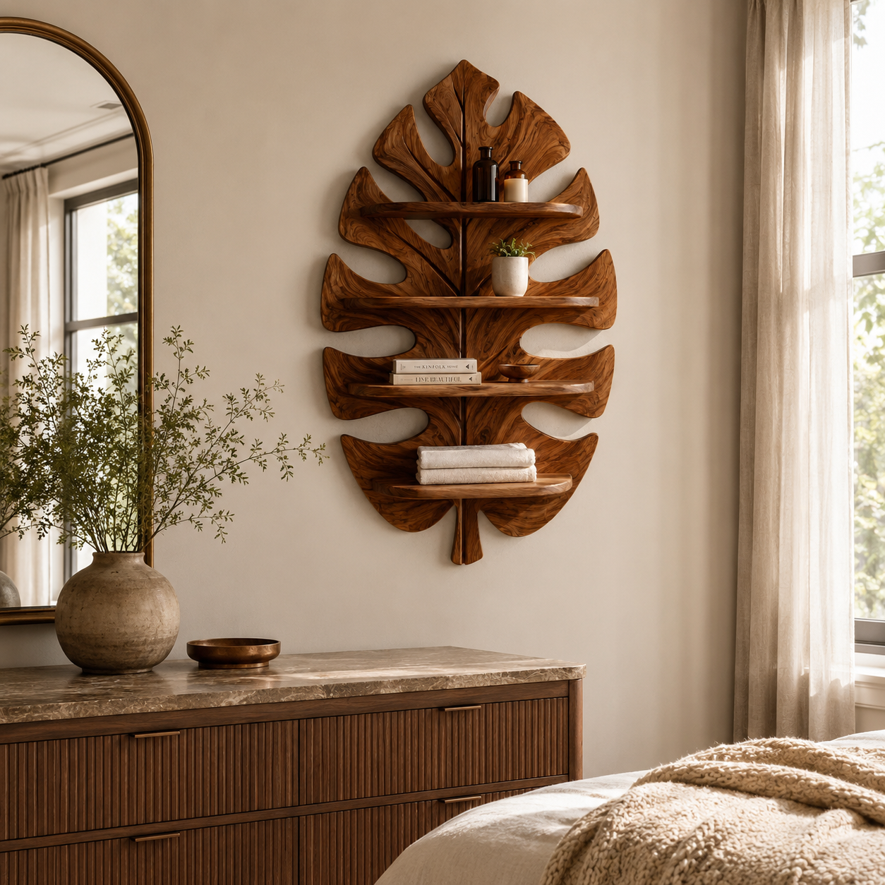 Monstera Leaf Wood Bathroom Shelf – Solid Wood Wall Mounted Display Shelf for Bathroom Decor