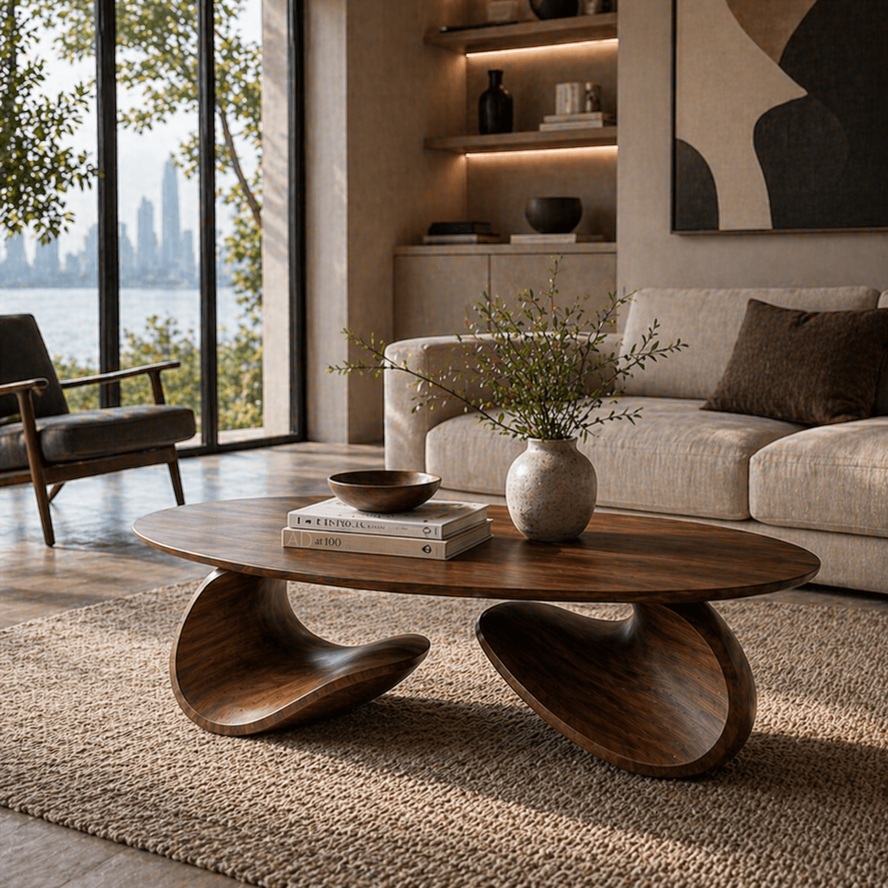 Sculptural Coffee Table Set – Solid Wood Modern Tables for Living Room Decor