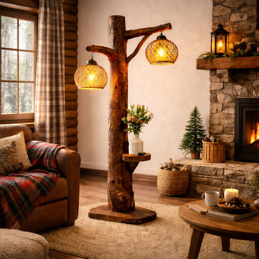 Tree Trunk Floor Lamp – Rustic Wood Standing Light with Hanging Bulbs for Living Room Decor
