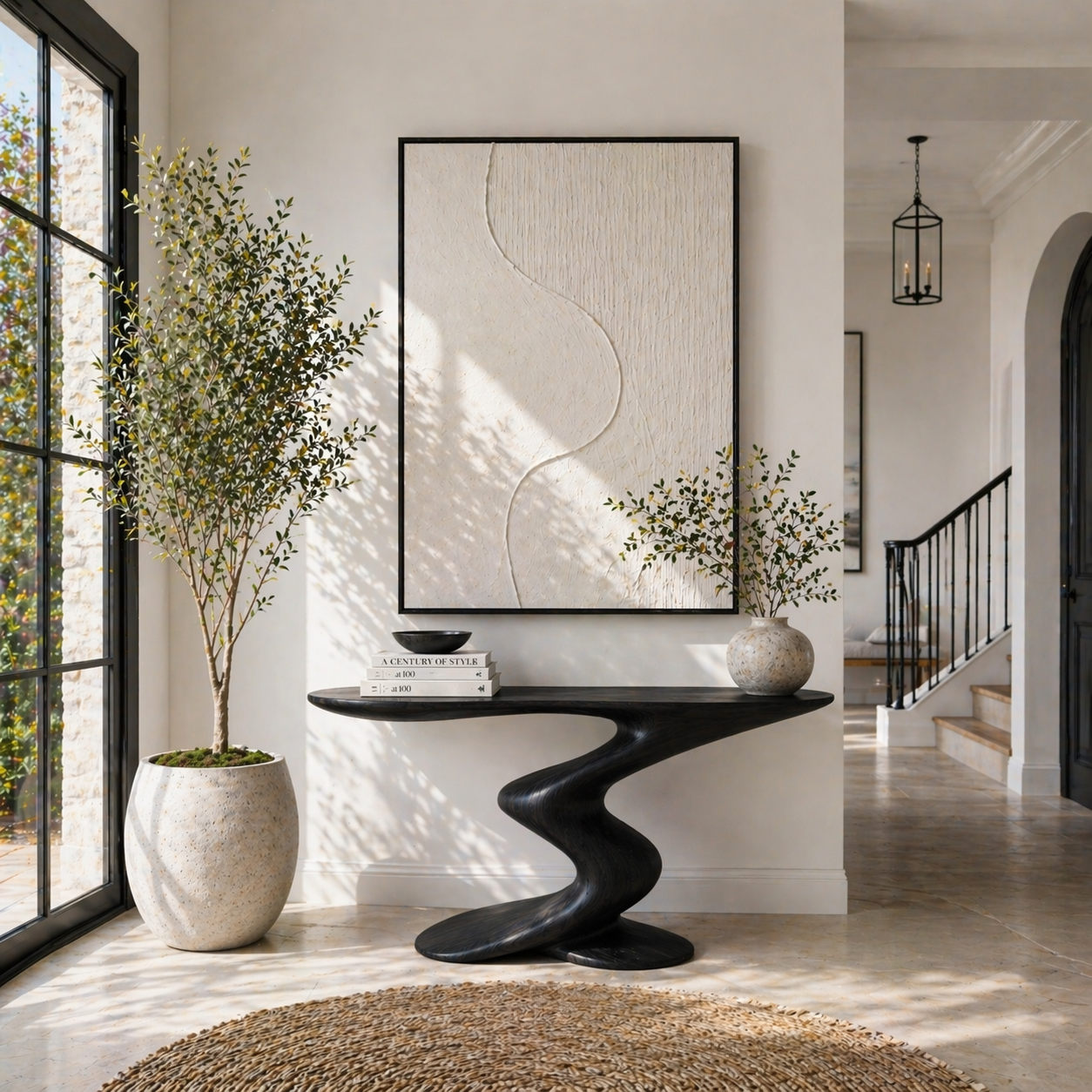 Sculptural Console Table – Solid Wood Curved Base Table for Entryway Decor