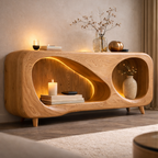 Sculptural Fireplace TV Stand – Solid Wood Media Console for Living Room