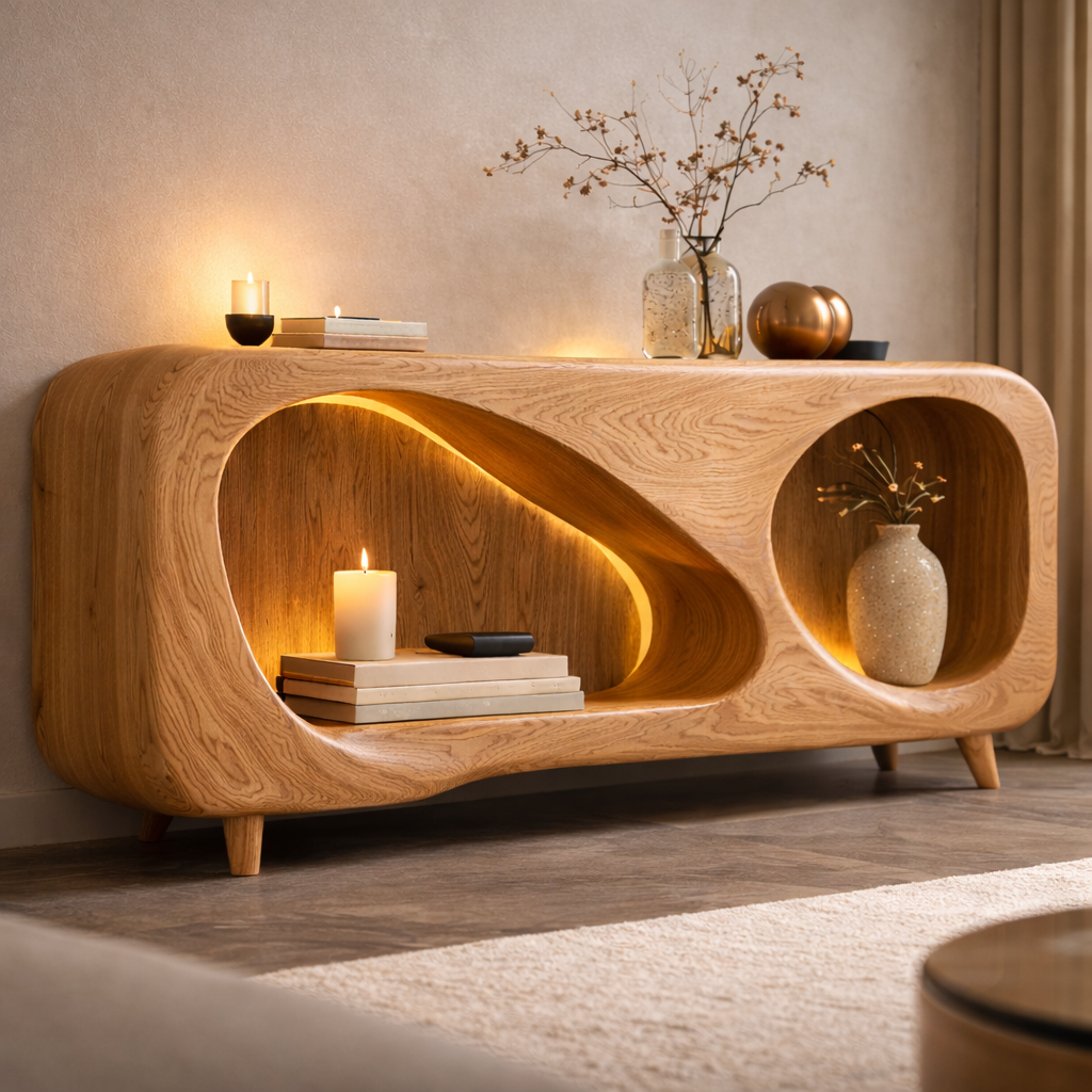 Sculptural Fireplace TV Stand – Solid Wood Media Console for Living Room