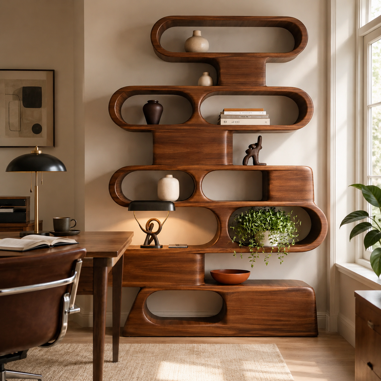 Solid Wood Sculptural Shelving Unit – Organic Wave Design