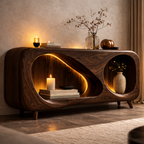 Sculptural Fireplace TV Stand – Solid Wood Media Console for Living Room