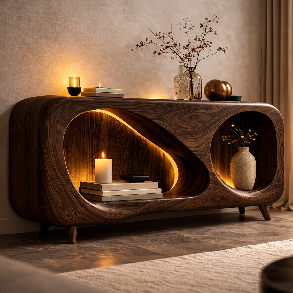Sculptural Fireplace TV Stand – Solid Wood Media Console for Living Room