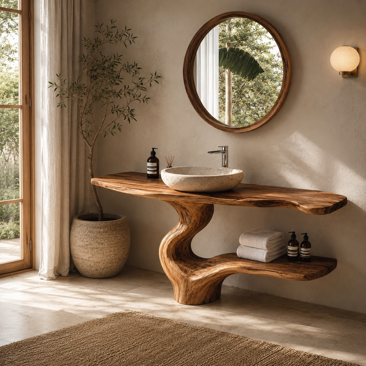 Live Edge Wood Bathroom Vanity – Solid Wood Sink Console with Shelf for Bathroom Decor