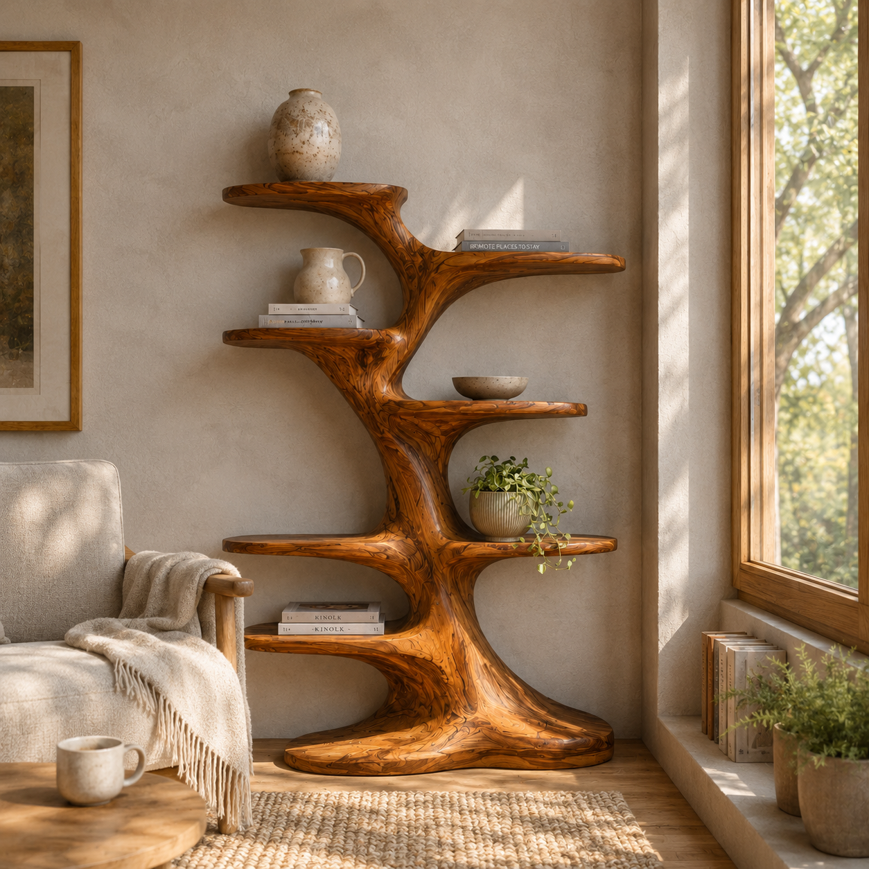 Tree Branch Wood Bookshelf – Solid Wood Display Shelf for Living Room Decor