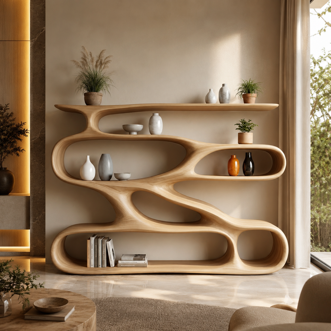 Wavy Bookcase – Sculptural Solid Wood Display Shelf