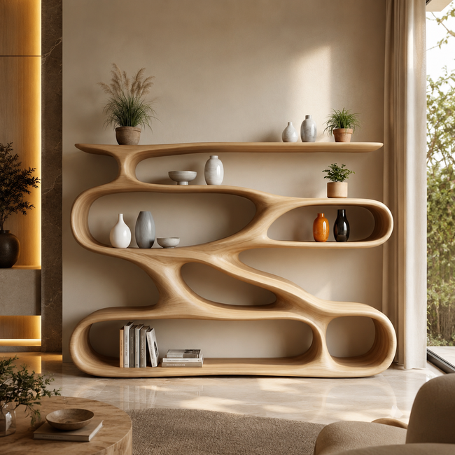 Wavy Bookcase – Sculptural Solid Wood Display Shelf Main Image
