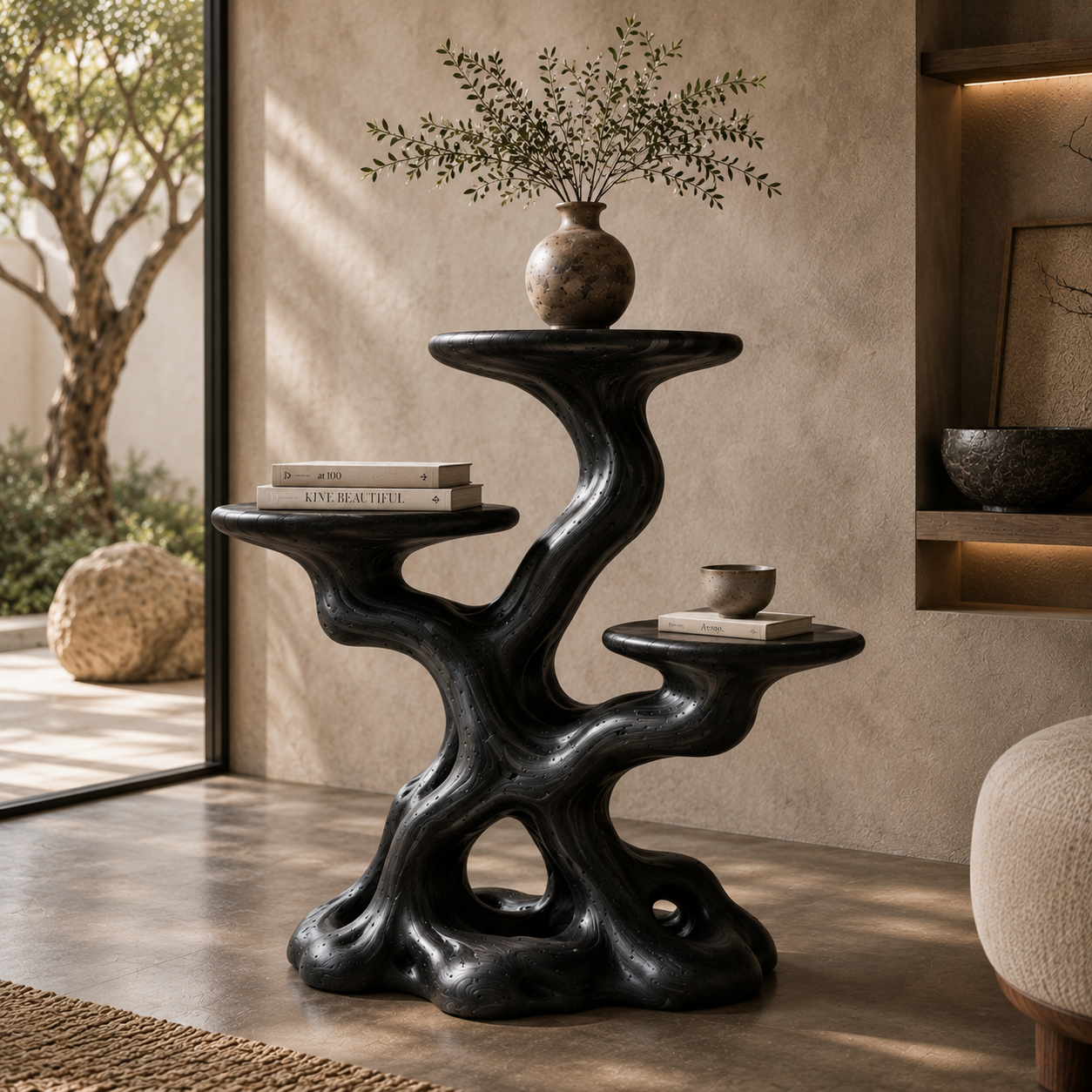 Sculptural Wooden Plant Stand – Solid Wood Display Table for Living Room and Modern Home Decor