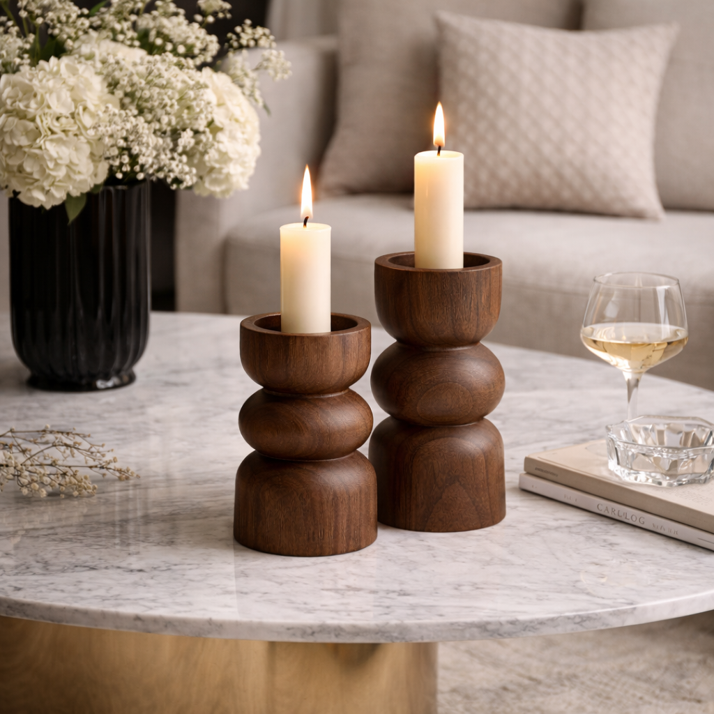 Stacked Wooden Candle Holders Set – Sculptural Minimalist Design