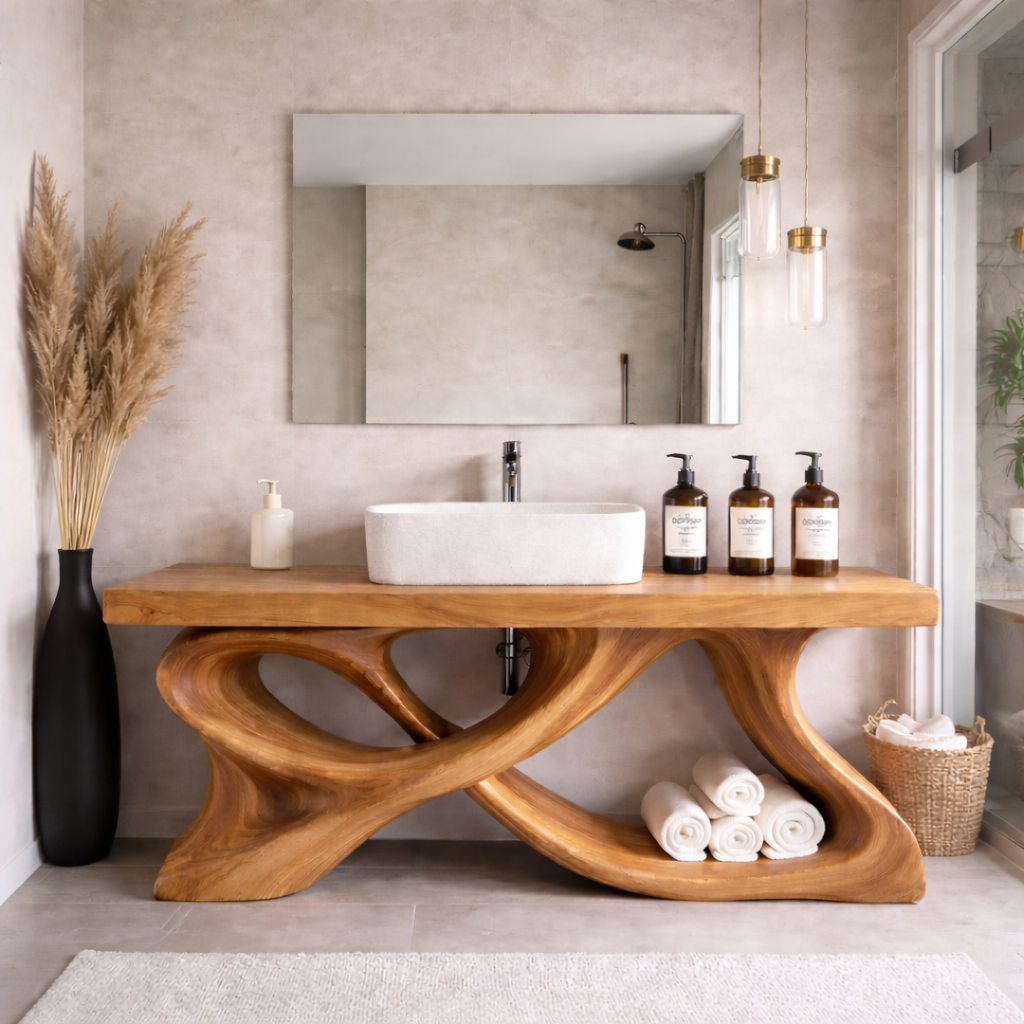 Artisan Solid Wood Bathroom Vanity with Sculptural Cross-Base & Mirror