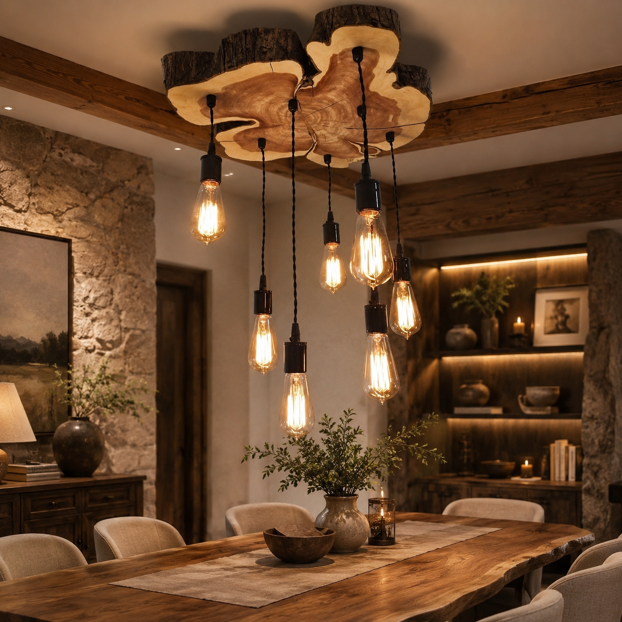 Wood Pendant Light – Solid Wood Ceiling Lamp with Hanging Bulbs