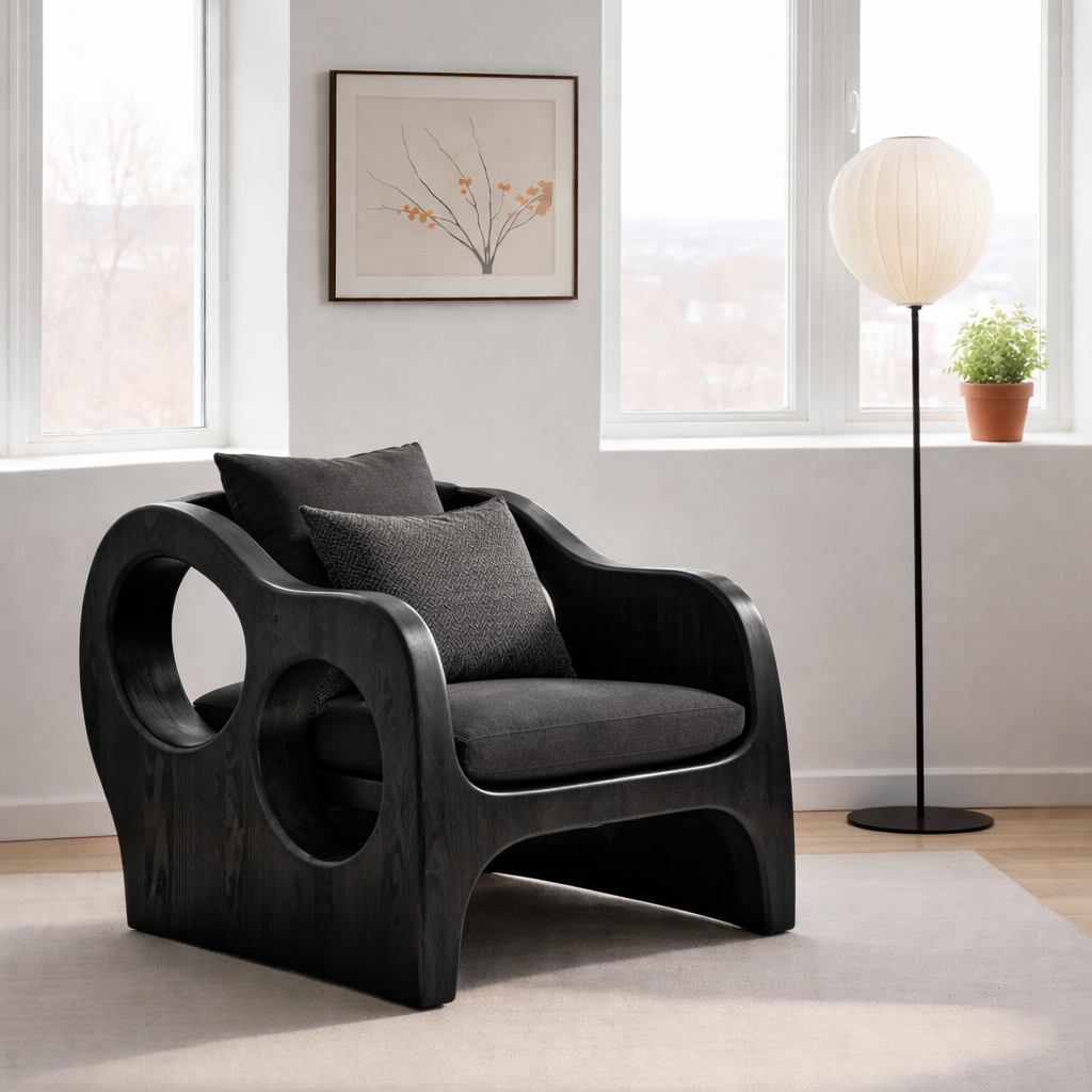 Solid Wood Sculptural Lounge Chair with Circular Arms – Statement Accent Seating