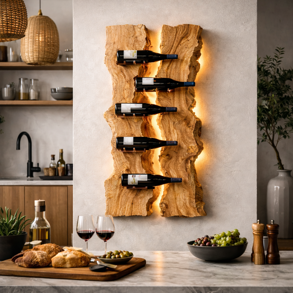 Wall-Mounted Wine Rack – Sculptural Solid Wood Bottle Holder with LED Lighting
