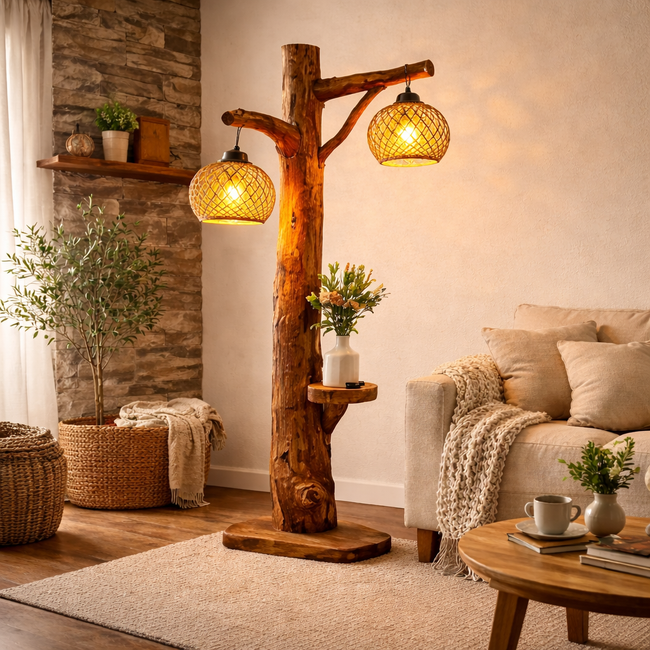 Tree Trunk Floor Lamp – Rustic Wood Standing Light with Hanging Bulbs for Living Room Decor Hover Image