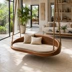 Round Wood Hanging Swing Sofa – Solid Wood Indoor Porch Swing with Cushions for Sunroom Decor
