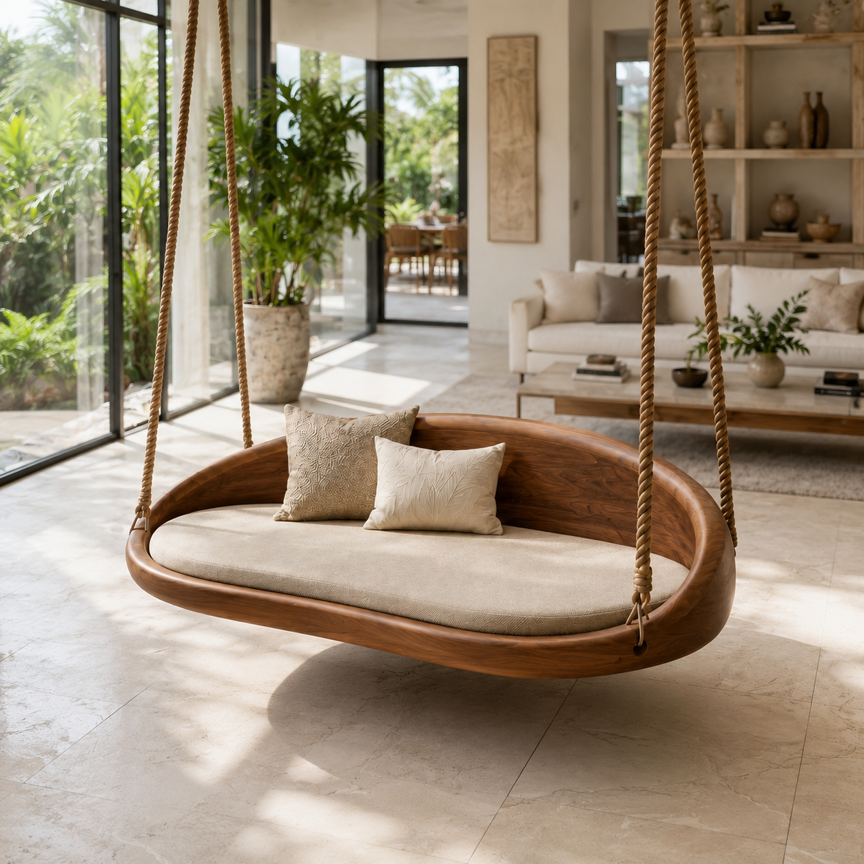 Round Wood Hanging Swing Sofa – Solid Wood Indoor Porch Swing with Cushions for Sunroom Decor
