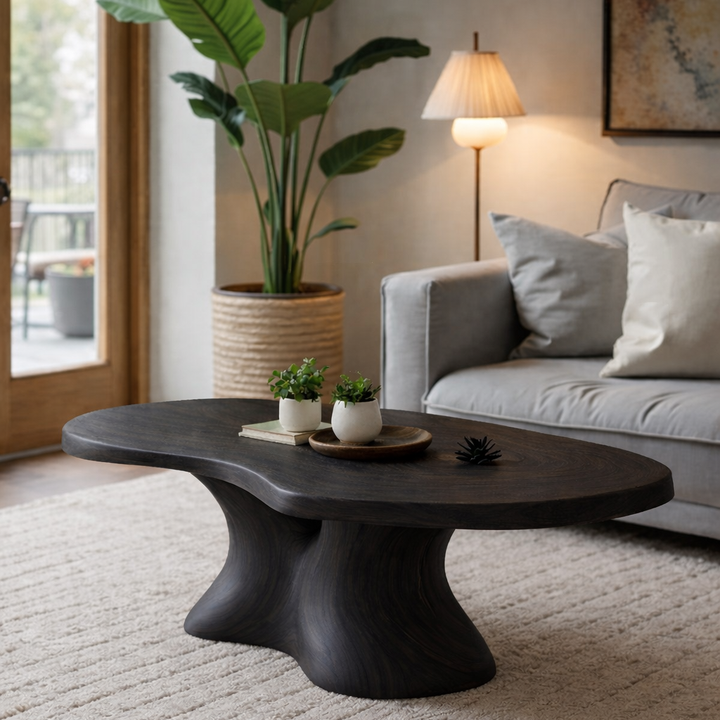 Organic Pedestal Solid Wood Coffee Table – Sculptural Center Table