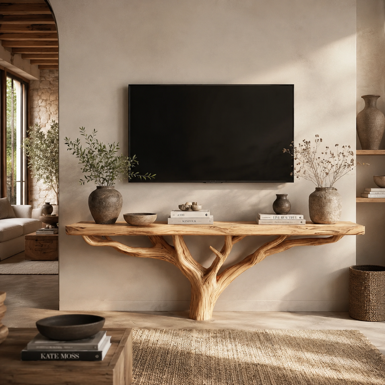 Tree Branch TV Stand – Solid Wood Floating Console for Rustic Living Room Decor