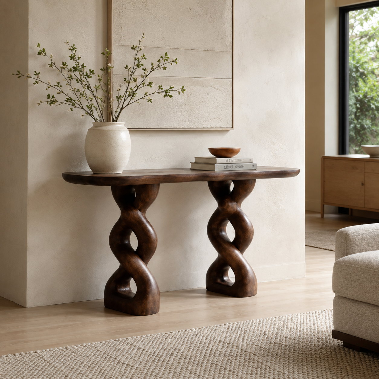 Double Helix Sculptural Wood Console Table