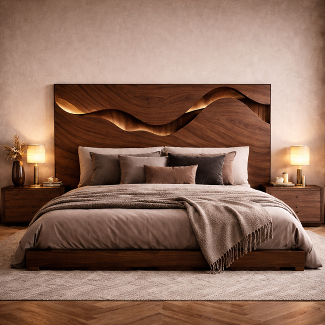 Modern Wooden Bed with Sculptural Headboard | Luxury Contemporary Bedroom Design Hover Image