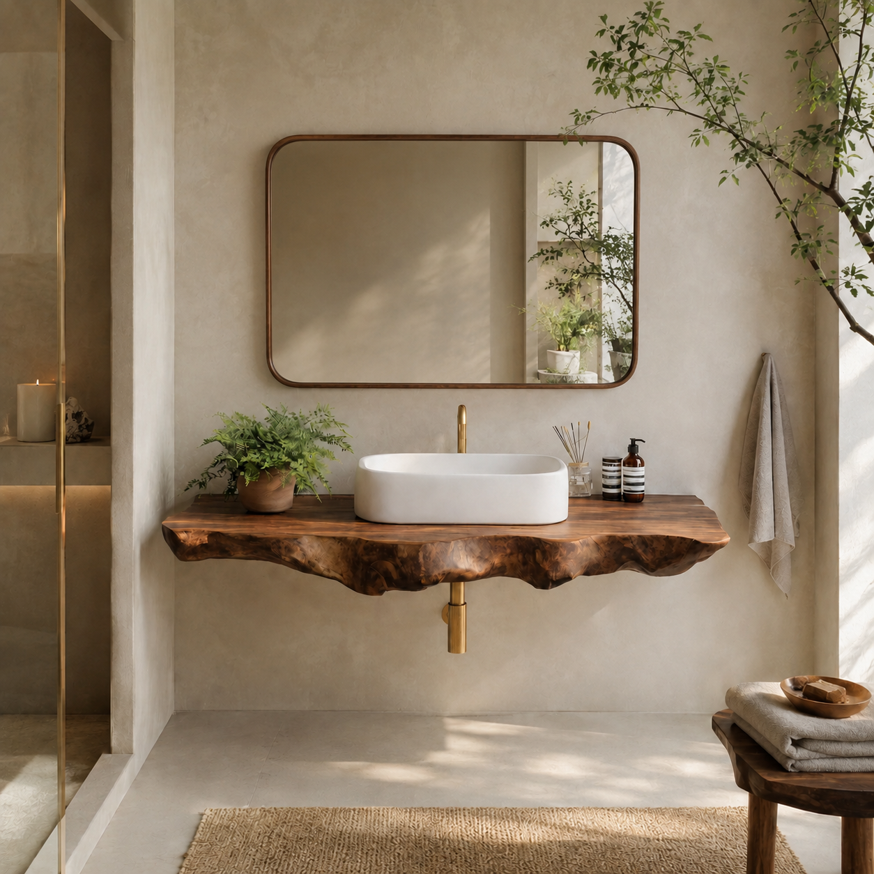 Live Edge Wood Floating Bathroom Vanity – Solid Wood Wall Mounted Sink Console for Bathroom Decor