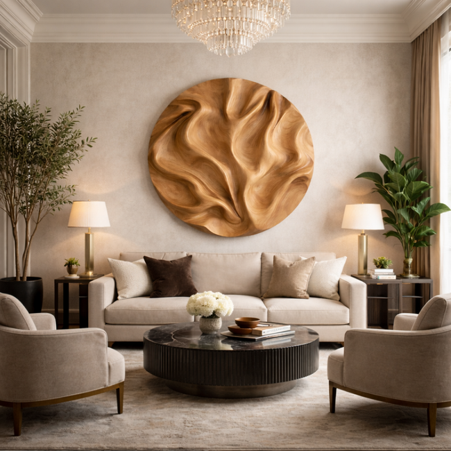 Hand-Carved Round Wooden Wall Art | Organic Wave Sculpture Wall Panel Hover Image