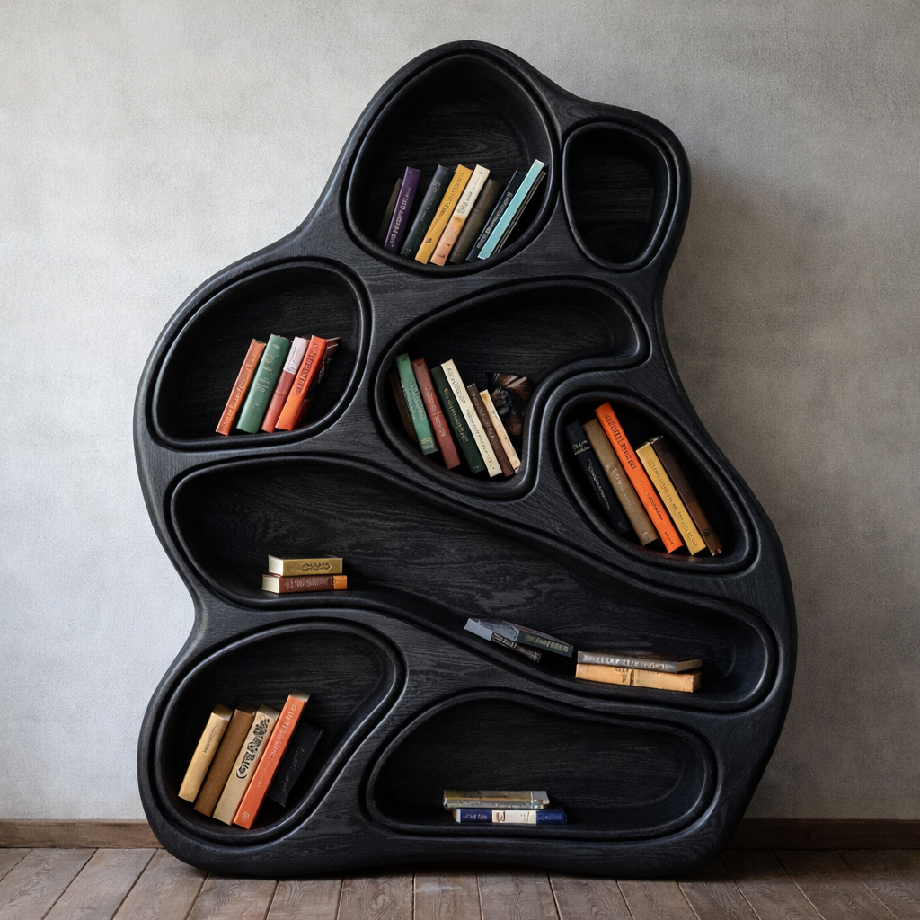 Sculptural Bookshelf – Handmade Solid Wood Shelf for Modern Interiors