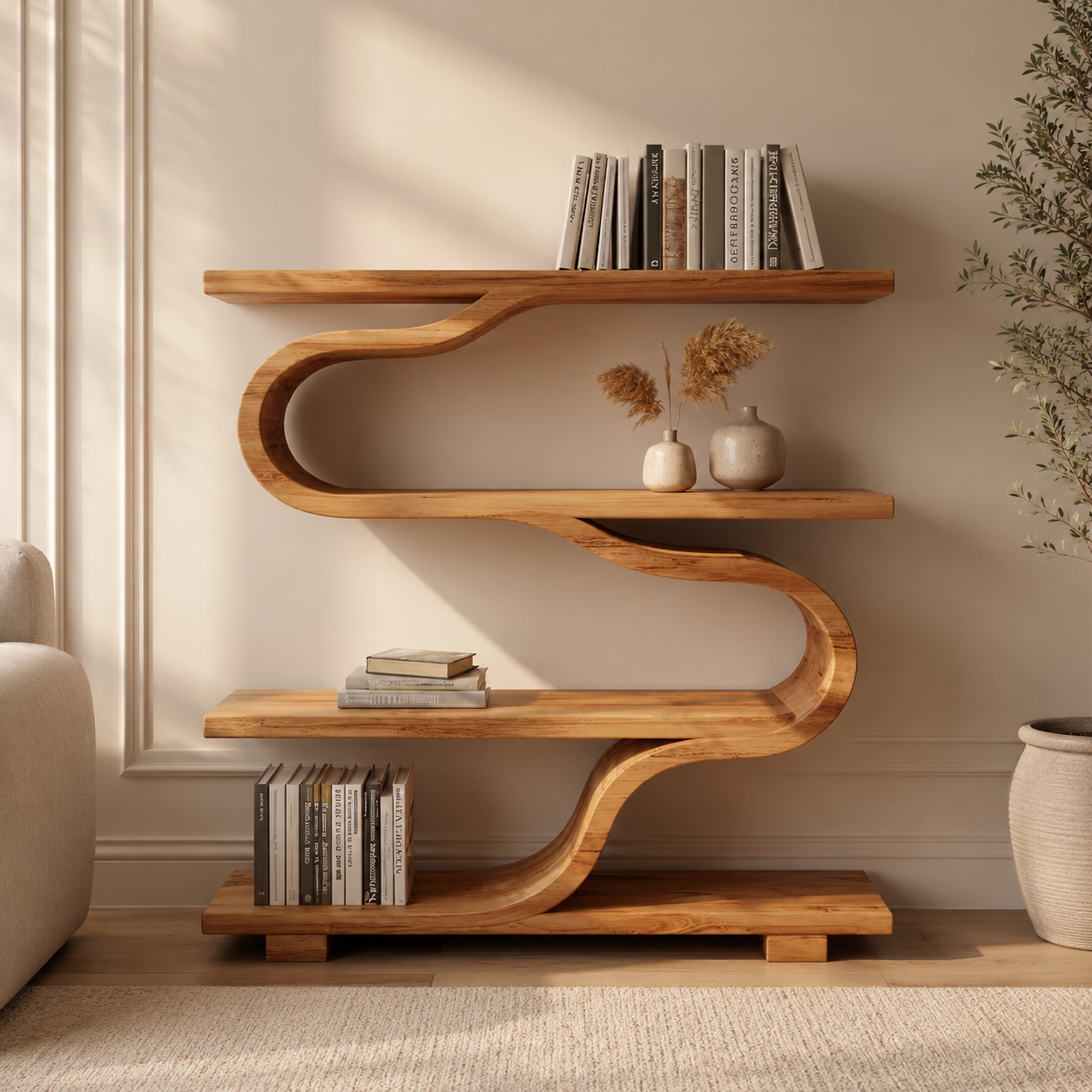 S-Shaped Bookcase – Sculptural Solid Wood Shelf for Living Room