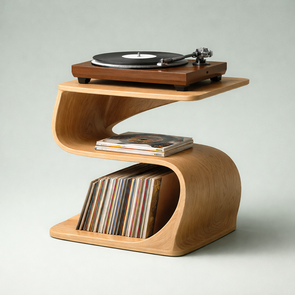 Record Player Stand – Sculptural Solid Wood Stand with Vinyl Storage