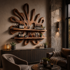 Sculptural Wood Wall Bar Shelf – Solid Wood Wine Display Shelf for Dining Room Decor