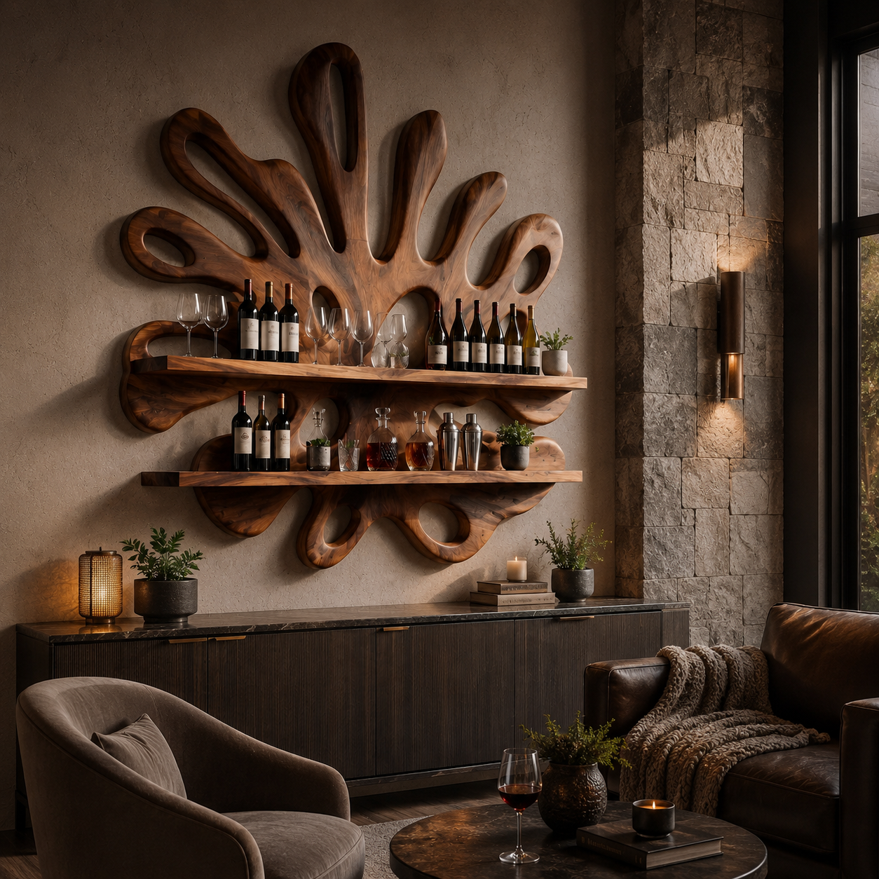 Sculptural Wood Wall Bar Shelf – Solid Wood Wine Display Shelf for Dining Room Decor