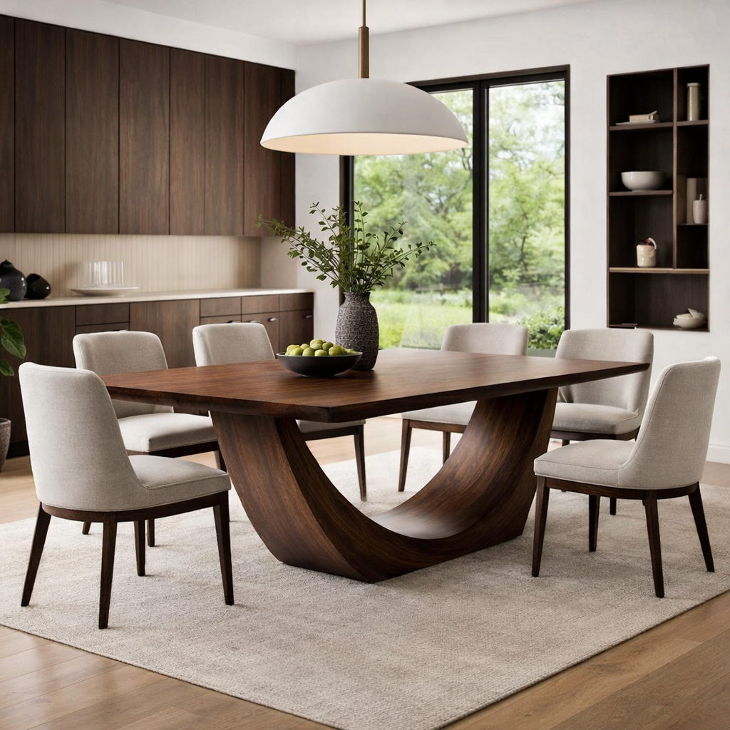 Modern Solid Wood Dining Table with Sculptural Base | Contemporary Statement Dining Table