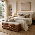 Wave Carved Wood Bedroom Bench – Solid Wood End of Bed Storage Bench with Upholstered Cushion