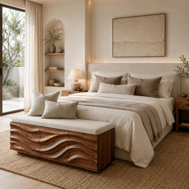 Wave Carved Wood Bedroom Bench – Solid Wood End of Bed Storage Bench with Upholstered Cushion Hover Image
