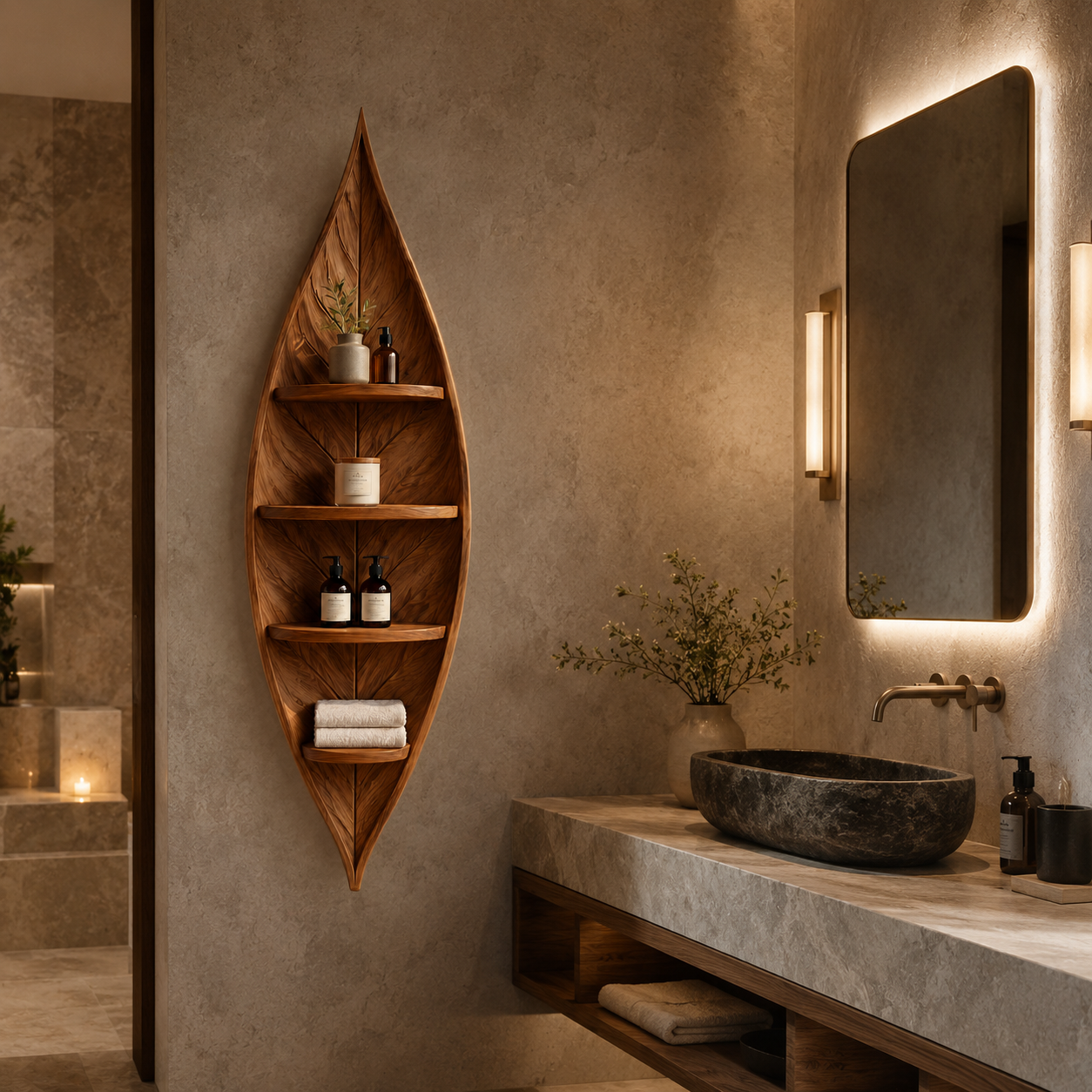Leaf Wood Bathroom Shelf – Solid Wood Wall Mounted Display Shelf for Bathroom Decor