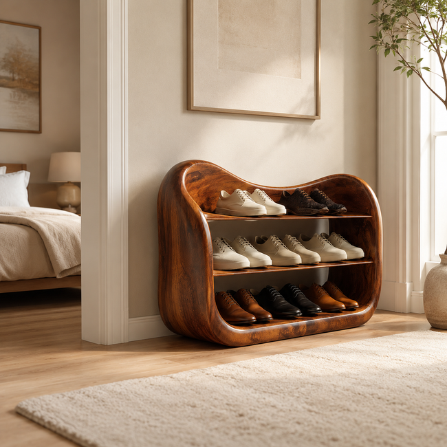 Curved Wood Shoe Rack – Solid Wood Entryway Shoe Storage Shelf for Home Decor Main Image