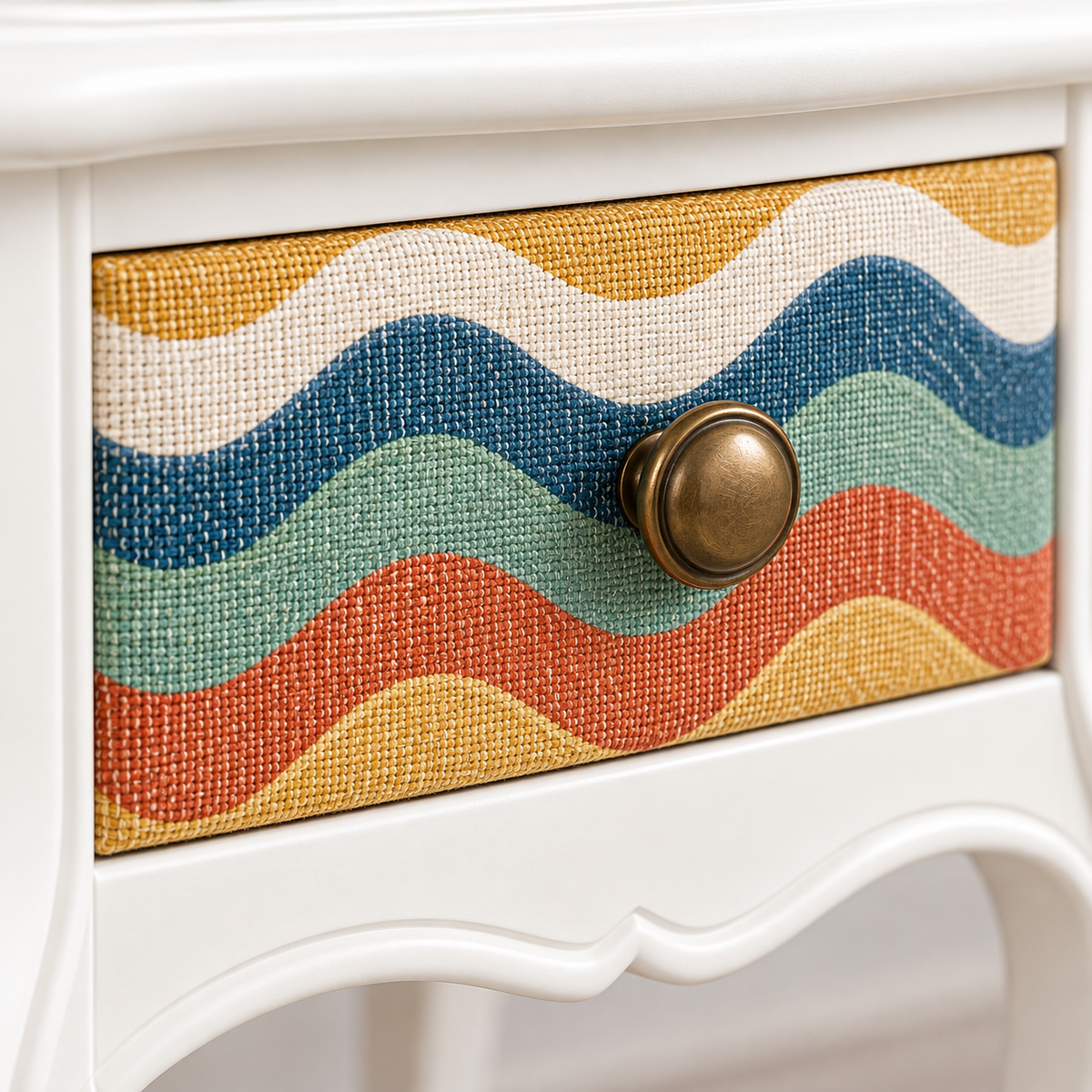 Vintage Curved Leg Nightstand with Patterned Drawer