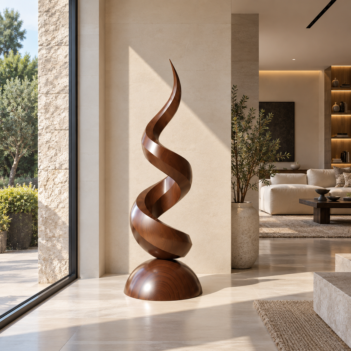 Spiral Flame Wood Floor Sculpture