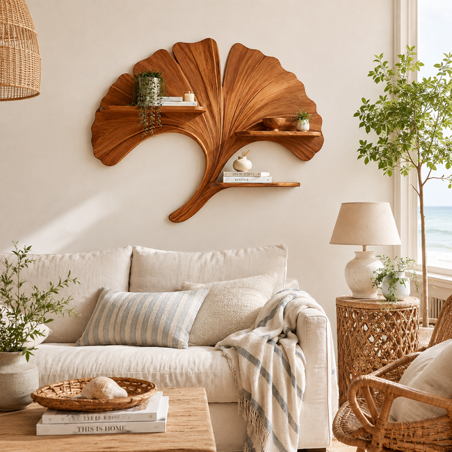 Ginkgo Leaf Wood Wall Shelf – Solid Wood Floating Display Shelf for Living Room Decor Main Image