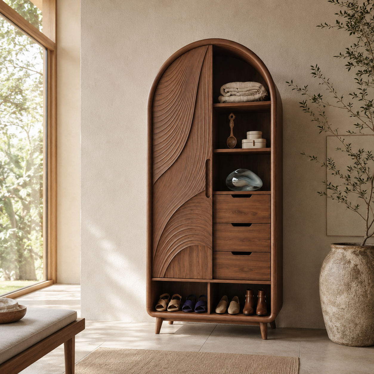 Arched Wood Wardrobe – Solid Wood Carved Storage Cabinet for Bedroom Decor