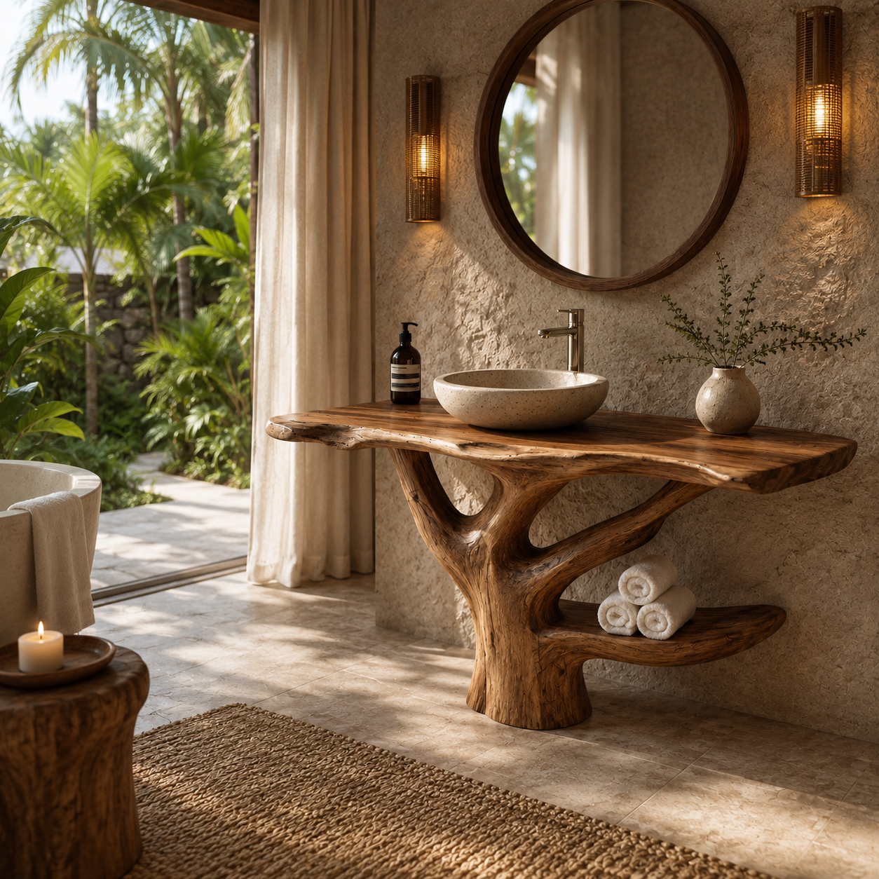 Live Edge Wood Bathroom Vanity – Solid Wood Sink Console with Towel Shelf for Bathroom Decor