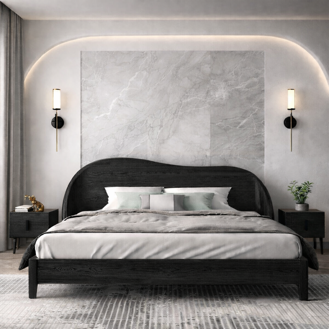 Scandinavian Style Wooden Bed with Curved Headboard | Minimalist Bedroom Design Main Image
