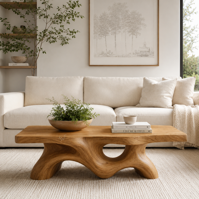 Sculptural Wave Solid Wood Coffee Table – Handcrafted Organic Curved Design Main Image